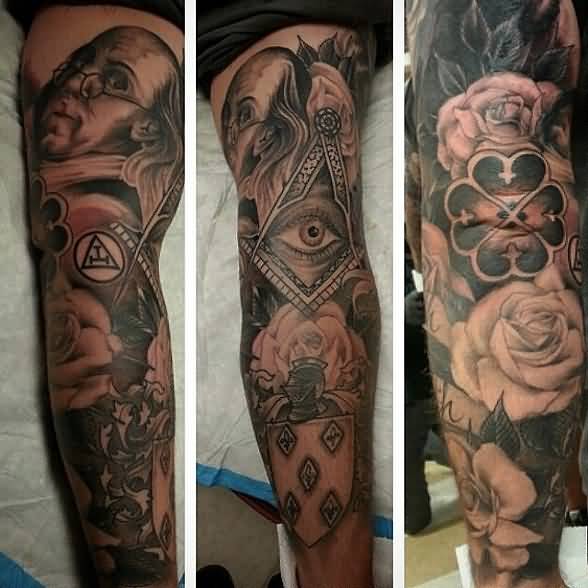 Grey Ink Masonic Tattoo On Full Sleeve