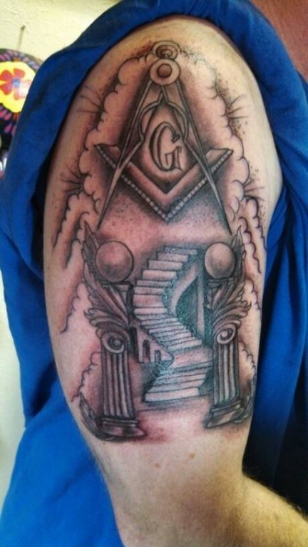 Grey Ink Masonic Tattoo On Right Half Sleeve