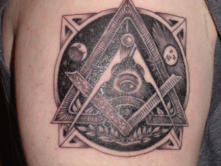Grey Ink Masonic Tattoo On Right Shoulder