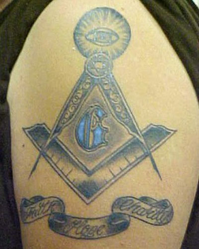 Grey Ink Masonic Tattoo On Shoulder
