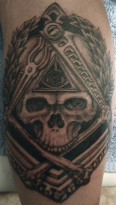 Grey Masonic Skull Tattoo by Stu Mo