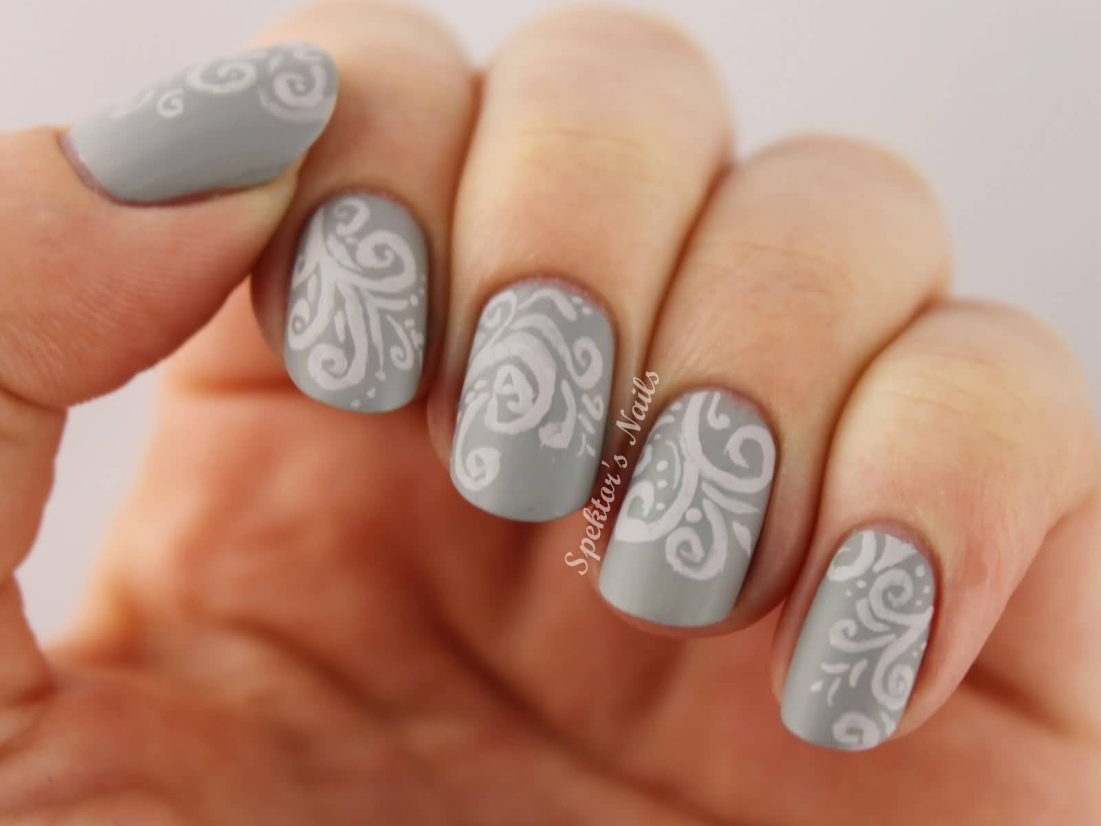 Grey Matte Nail Art And Flower Design