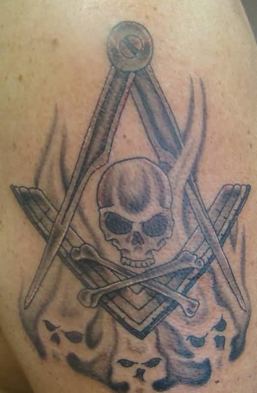 Grey Skull And Masonic Compass Tattoo