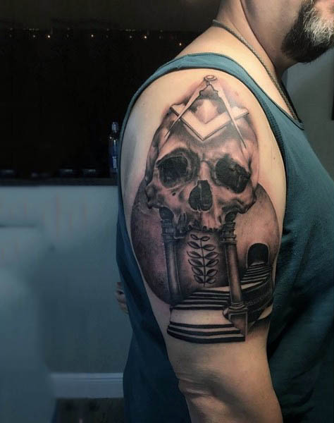 Grey Skull Masonic Tattoo On Right Half Sleeve