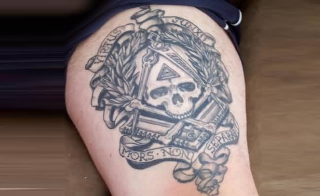 Grey Skull Masonic Tattoo On Thigh
