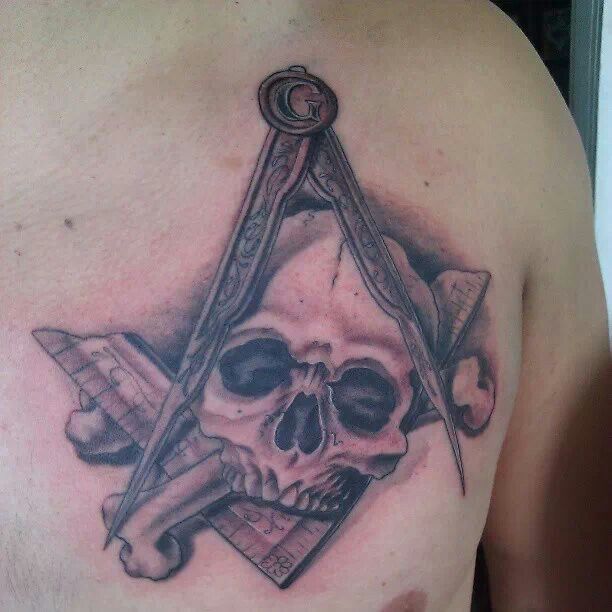 Grey Skull and Masonic Tattoo On Front Shoulder