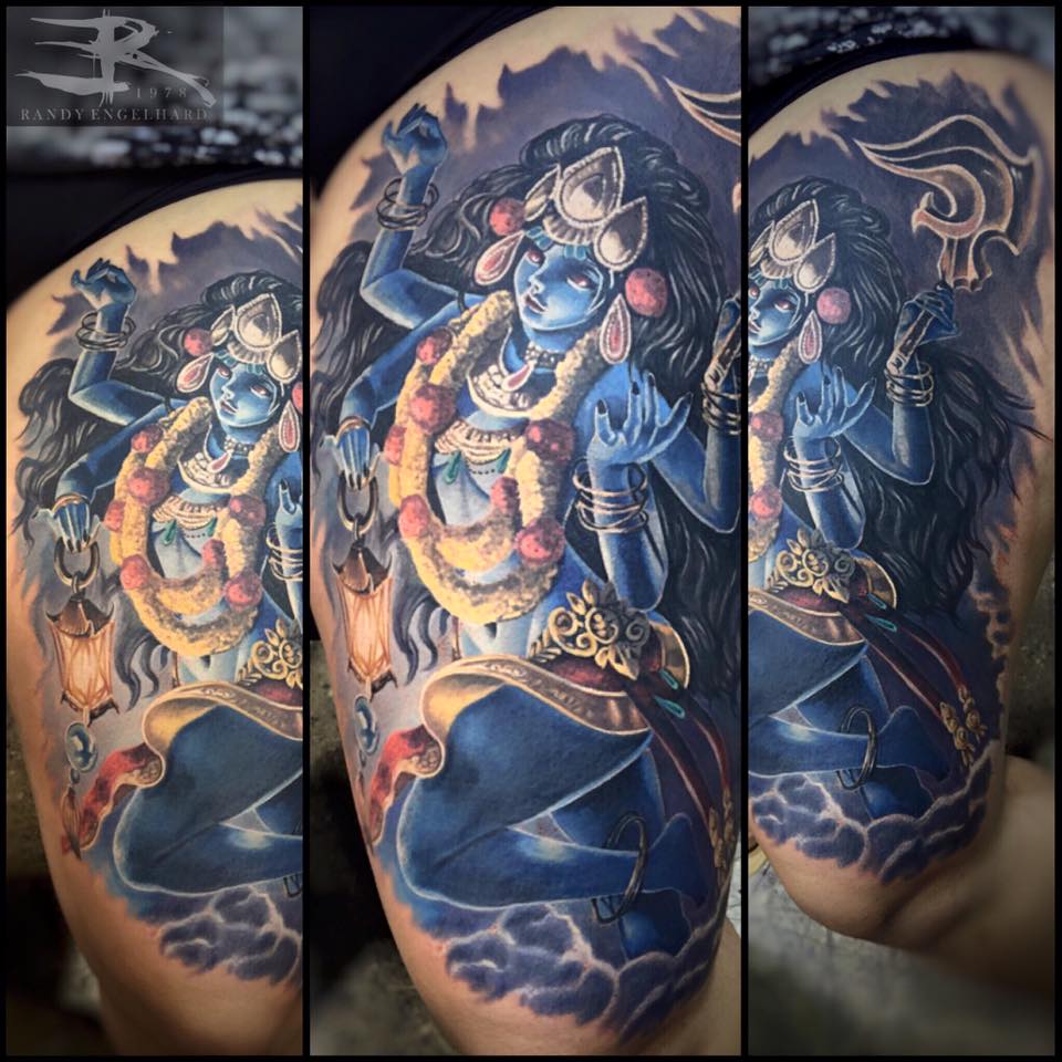 Hindu Goddess Kali Tattoo On Left Thigh by Randy Engelhard