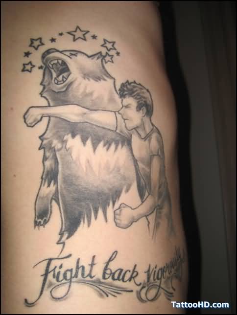 Man Beating Polar Bear With Stars And Lettering Tattoo