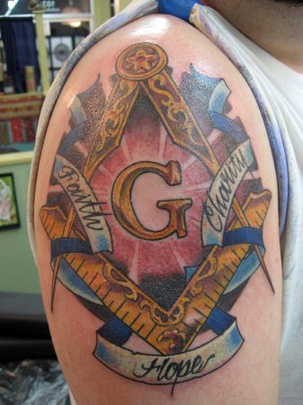 Man Right Shoulder Masonic Tattoo With Hope Banner