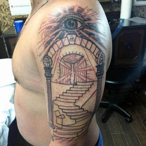 Masonic Eye Tattoo On Man Left Half Sleeve