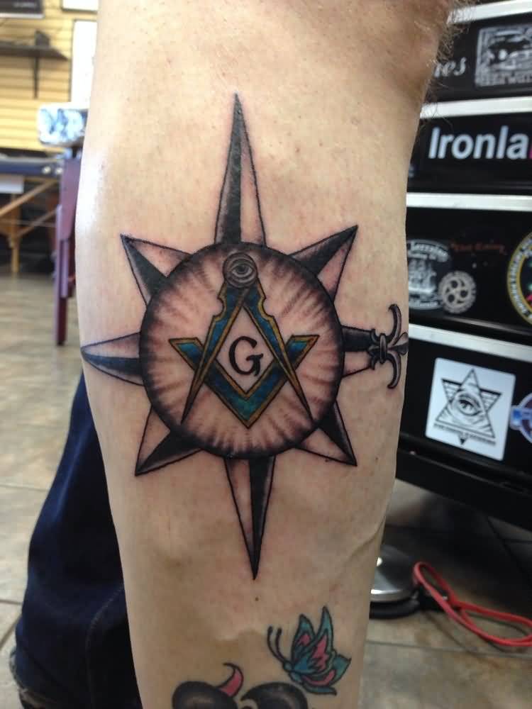 Masonic Symbol Tattoo On Right Leg