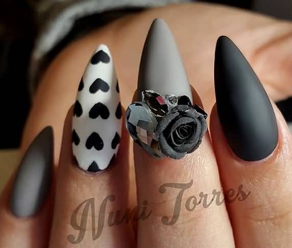 Matte Gray And Black Nails With 3d Rose Flower