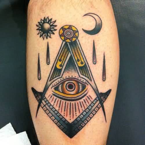 Moon And Masonic Tattoo On Leg