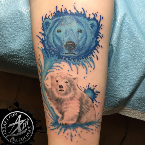 Mother Blue Color Polar Bear Head With Baby Polar Bear Tattoo