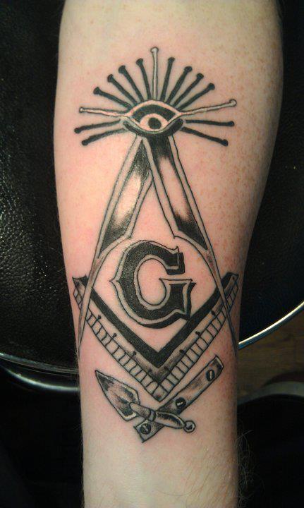 Nice Black And Grey Masonic Tattoo On Forearm