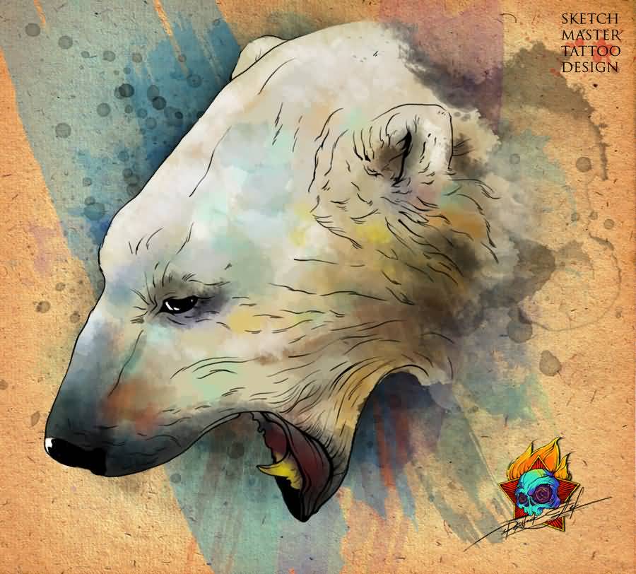 Nice Watercolor Polar Bear Roaring Tattoo Design