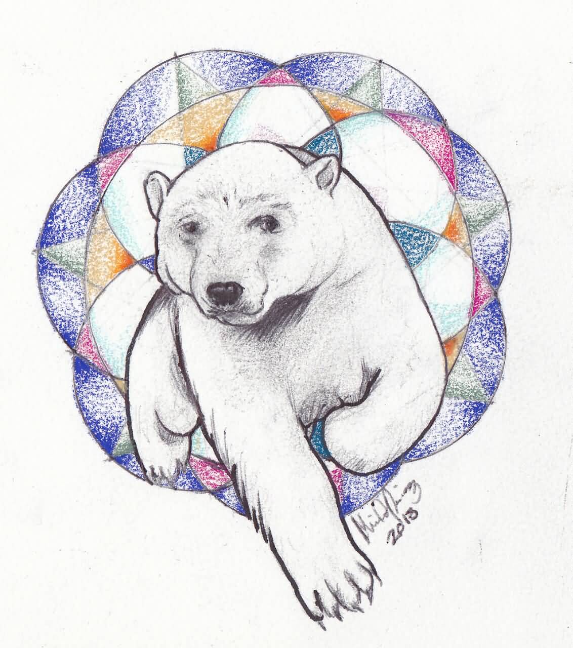 Nice White Polar Bear With Psychedelic Background Tattoo Design