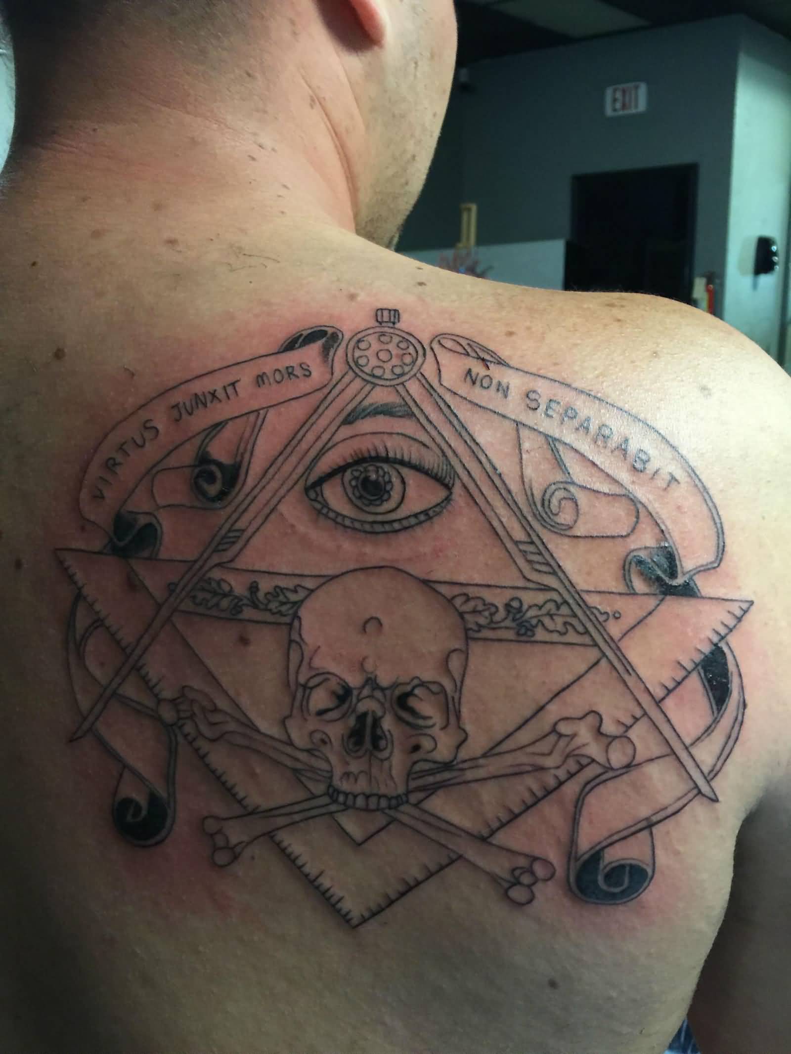 Outline Skull And Masonic Tattoo On Right Back Shoulder
