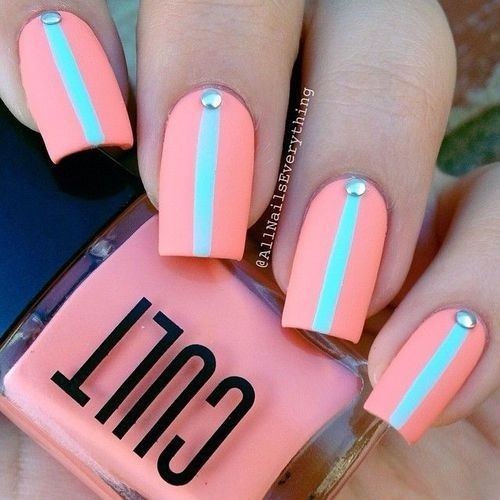 Peach Matte Nails With Green Stripes