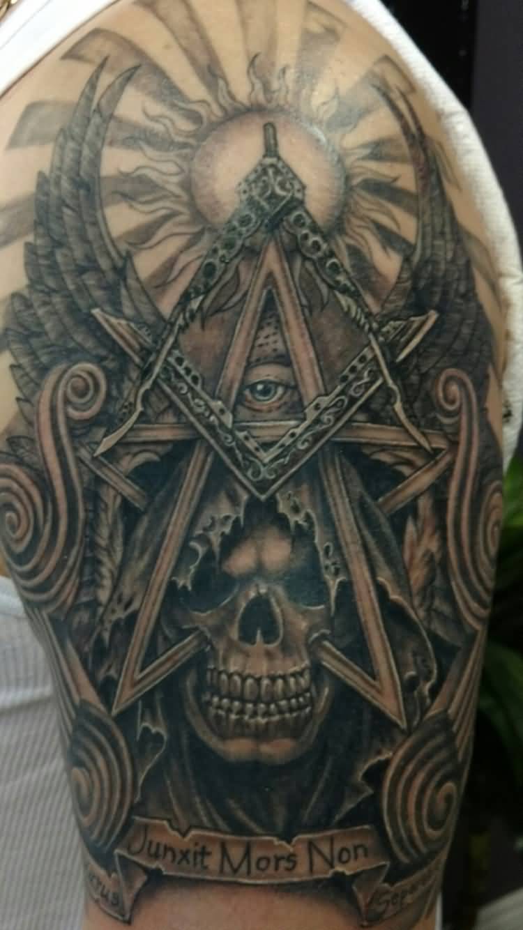 Pentagram Skull Masonic Tattoo On Left Half Sleeve