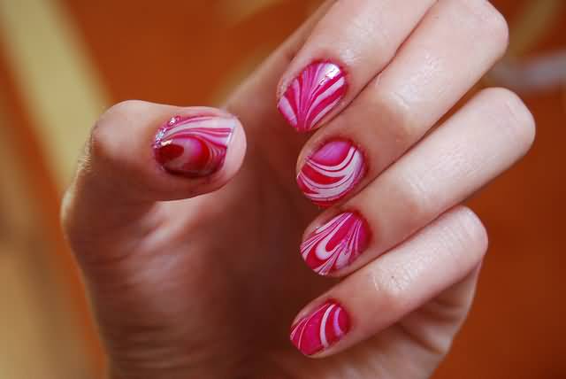 Pink And White Cute Water Marble Nail Art