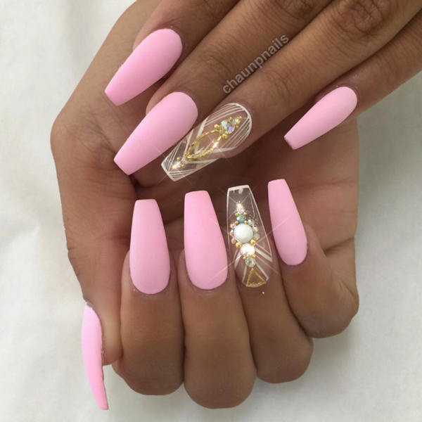 Pink Matte Nail Art With Accent Pearls Design