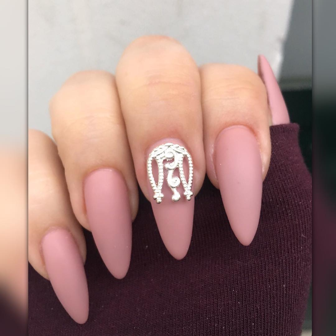 Pink Matte Nail Art With Jewellery Design