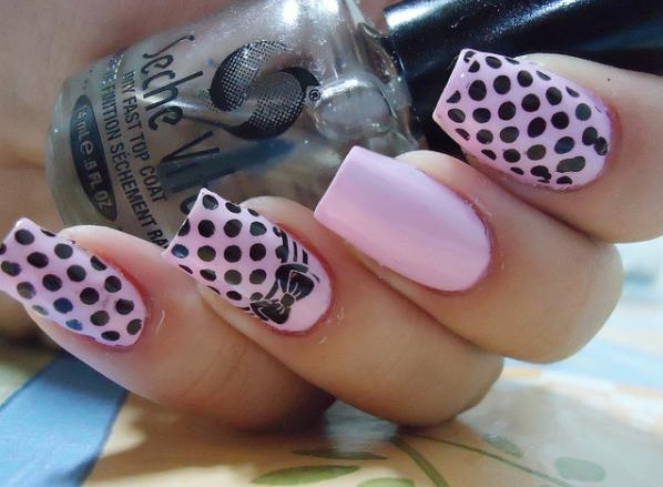 Pink Matte Nails With Black Polka Dots Design