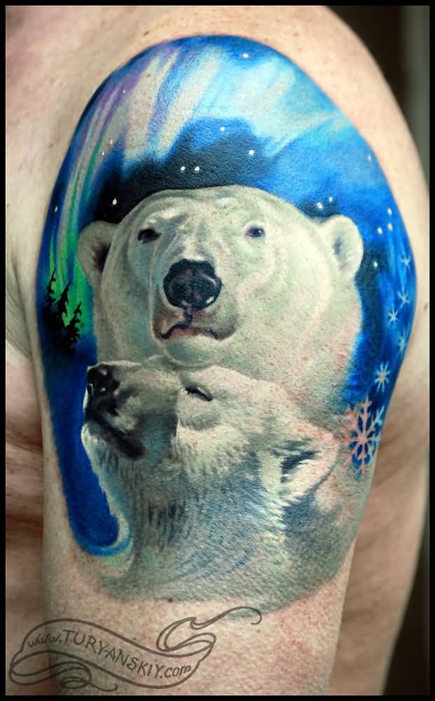 Polar Bears With Amazing Blue Background Tattoo On Left Shoulder