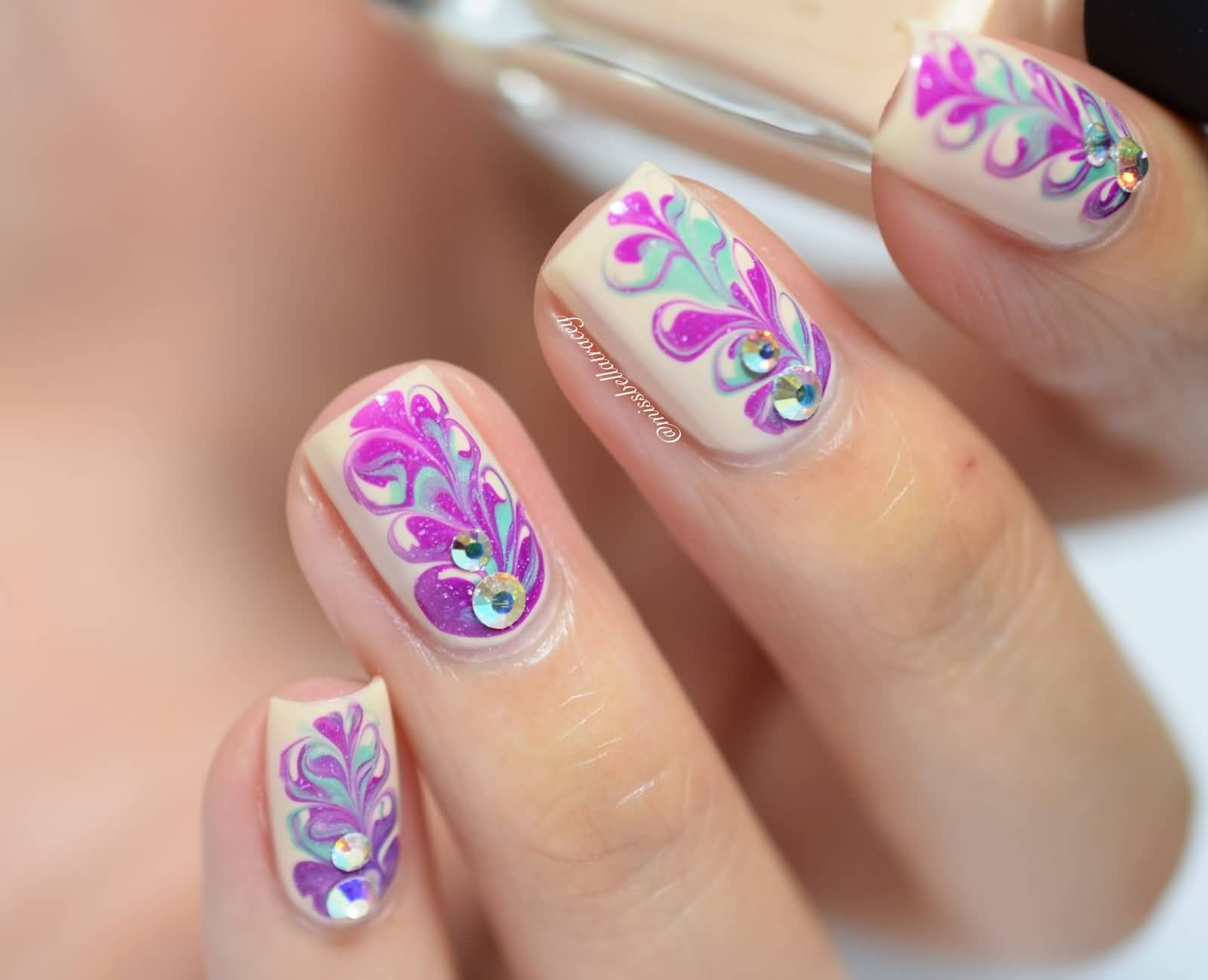 Purple And Blue Flowers Marble Nail Art