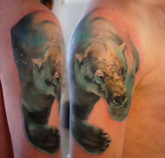 Realistic Polar Bear Tattoo On Shoulder For Men