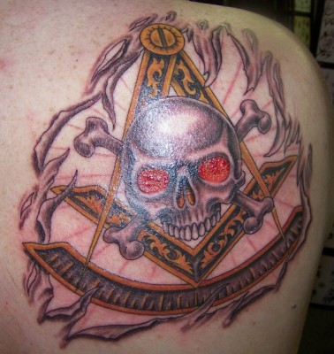 Red Eyes Skull And Masonic Tattoo On Back Shoulder