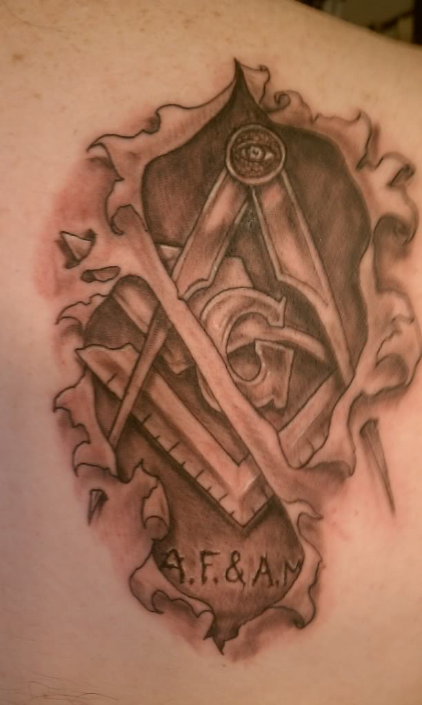 Ripped Skin Grey Ink Masonic Tattoo On Right Back Shoulder