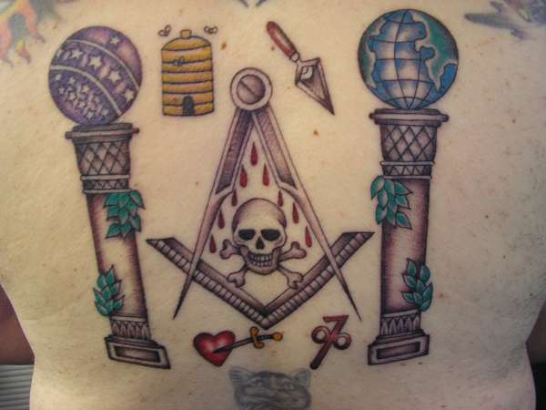 Skull And Masonic Symbol Tattoo On Back