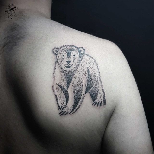 Small Cute Dotwork Polar Bear Tattoo On Right Back Shoulder