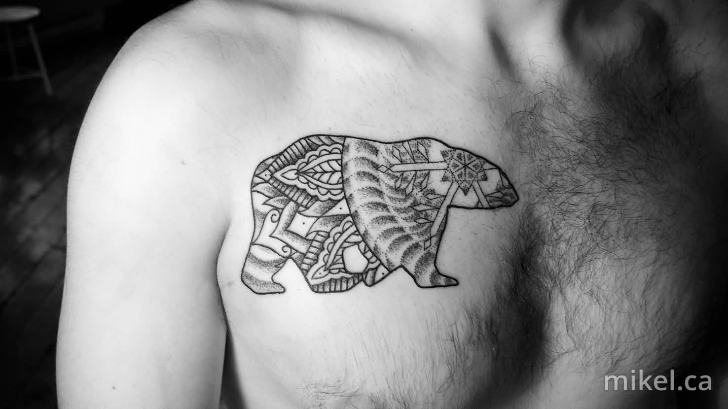 Small Unique Tribal Walking Polar Bear Tattoo On Right Chest