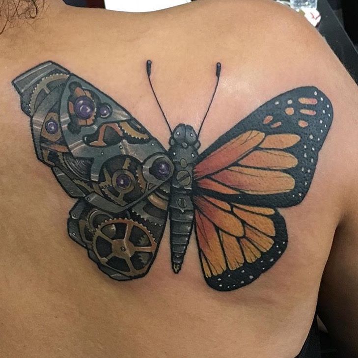 Steampunk Mechanical Butterfly Tattoo On Back by Chad Lambert