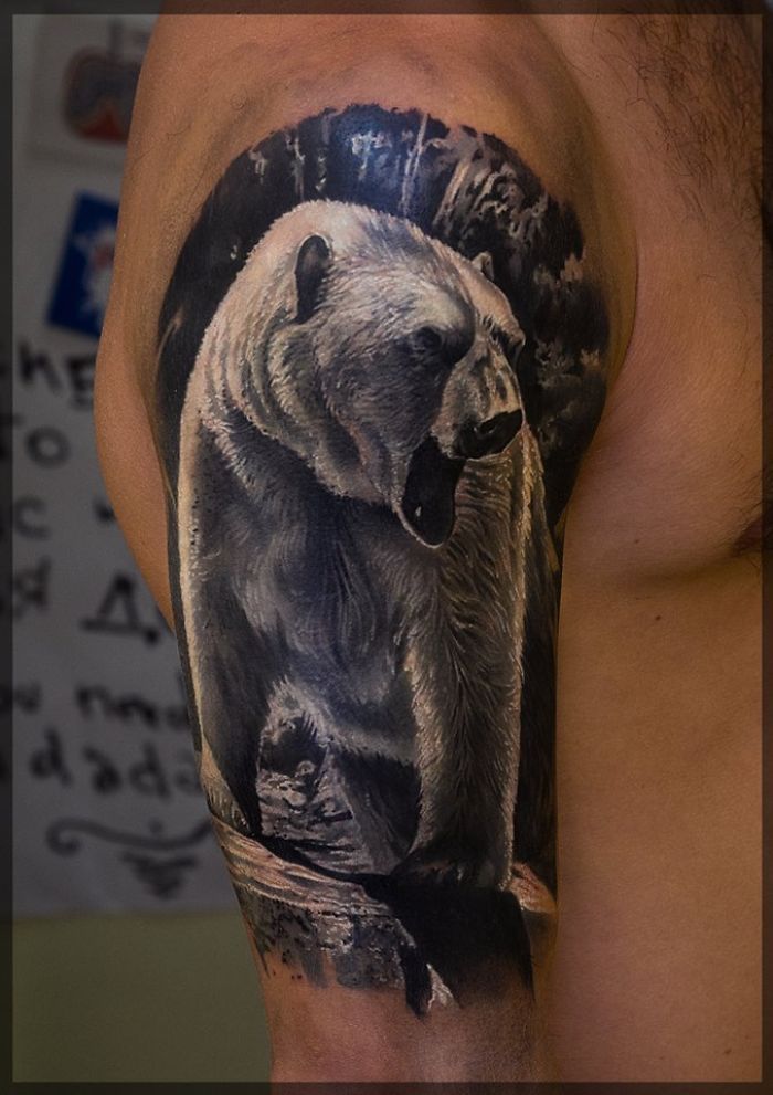 Superb Angry Bear Tattoo On Half Sleeve