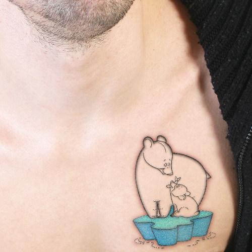 Sweet Small Mom And Son Polar Bear Tattoo On Chest