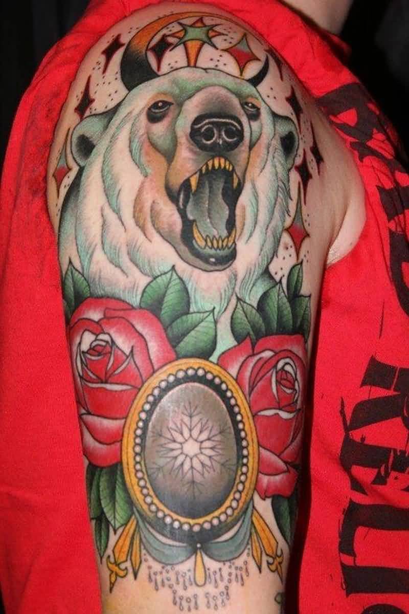 Traditional Polar Bear With Red Roses Tattoo On Half Sleeve