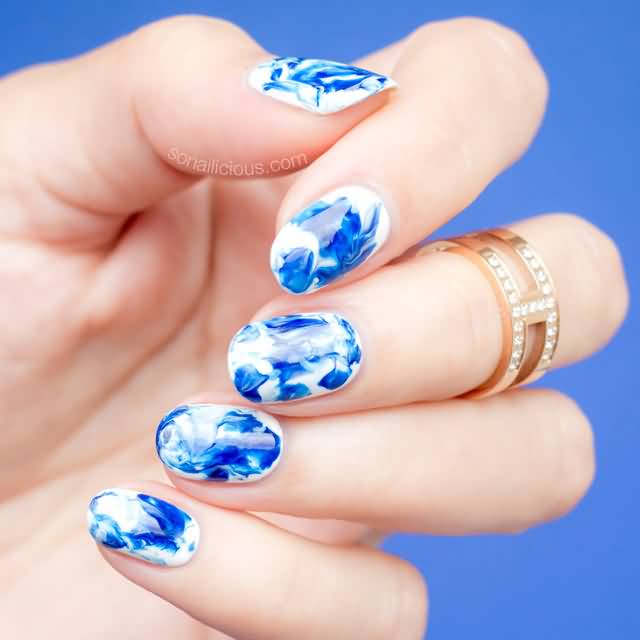 White And Blue Marble Nail Art
