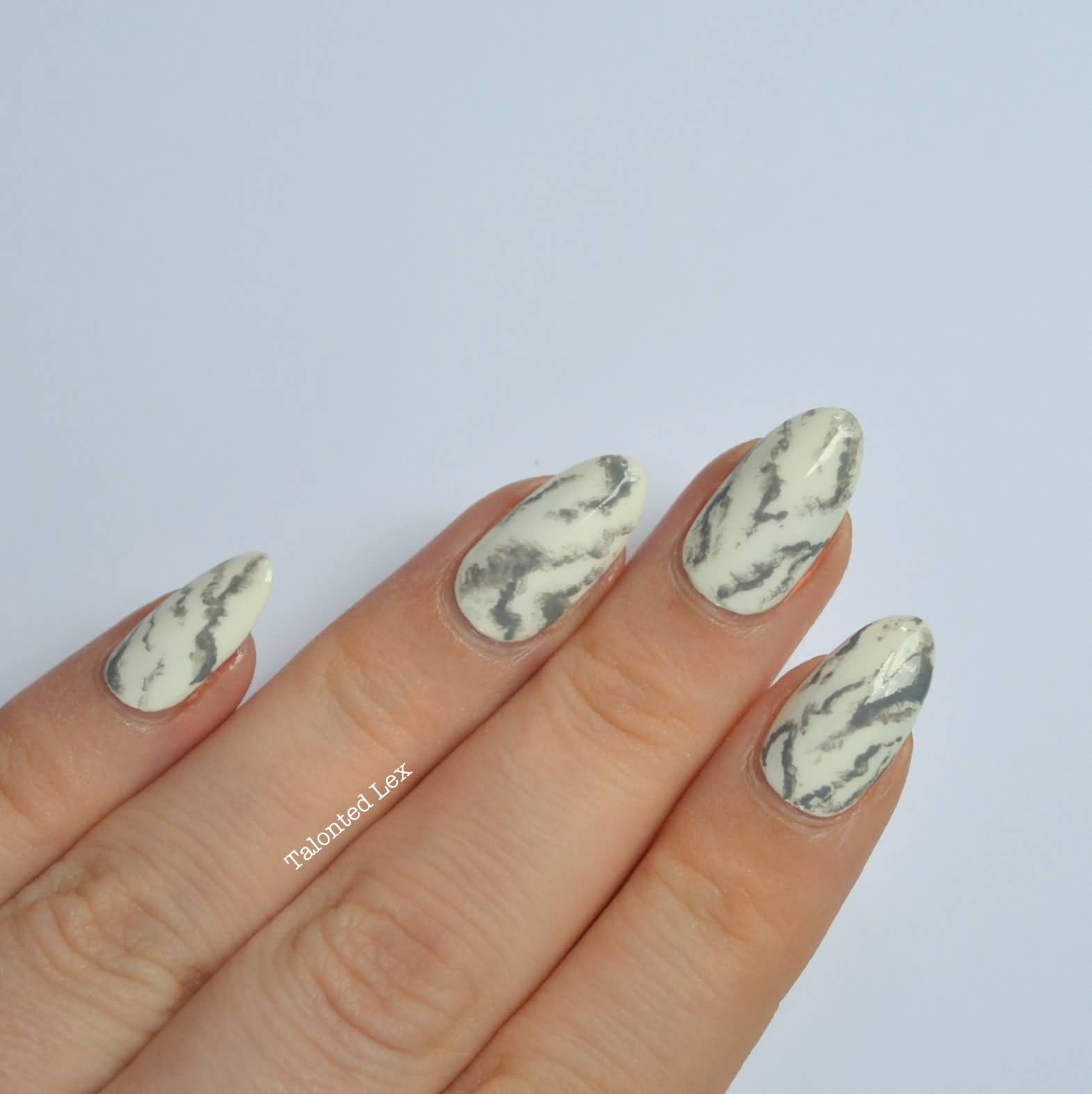 White And Grey Almond Shaped Marble Nail Art