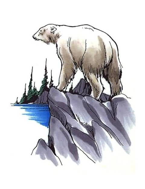 White Polar Bear On Mountain With Sea Tattoo Design