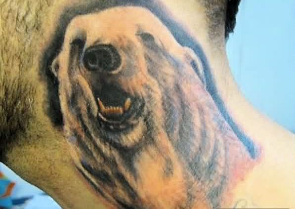 White Polar Bear Portrait Tattoo On Side Of Neck