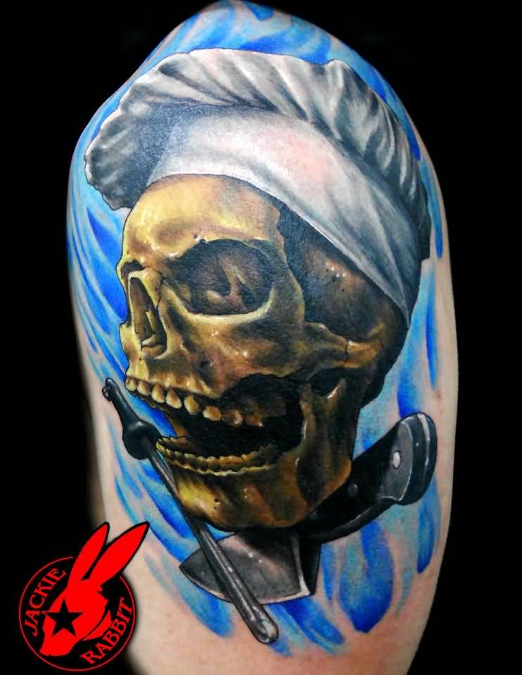 3D Chef Skull With Knife Tattoo By Jackie Rabbit