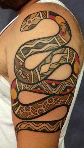 Aboriginal Snake Tattoo On Left Half Sleeve
