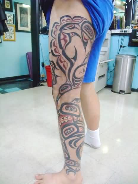 Aboriginal Tattoo On Leg Sleeve