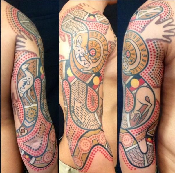 Aboriginal Tattoo On Man Right Half Sleeve