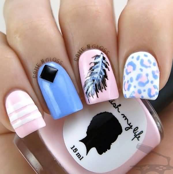 Accent Black And White Feather Nail Art On Pink Nail