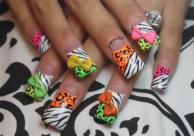 Adorable Neon Leopard Print And Zebra Print Nail Art With 3d Bows Design